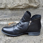Women's Ankle Boots with Ruched Faux Leather and Side Zip - Black
