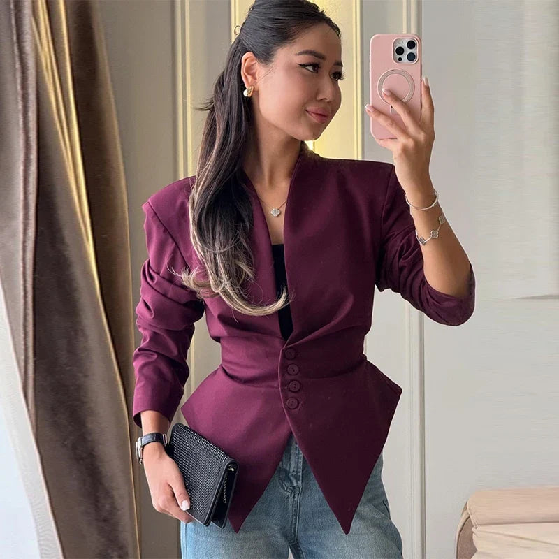 Women's Pleated Blazer Jacket with Wrap Front and Button Detail - Red Wine Jacket A