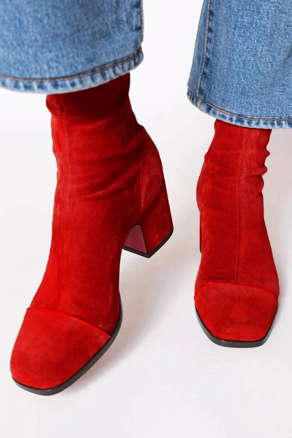 Women's Ankle Boots with Block Heel and Contrast Panel - Red