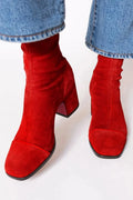 Women's Ankle Boots with Block Heel and Contrast Panel - Red