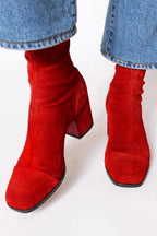 Women's Ankle Boots with Block Heel and Contrast Panel - Red