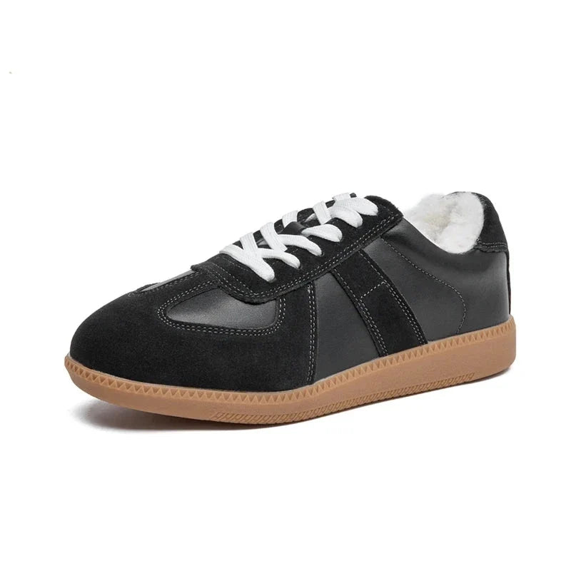 Women's Flatform Sneakers with Lace-Up Front and Panel Design - Black Fluff