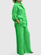 Women's Two-Piece Set Long Sleeve Shirt with Wide-Leg Trousers - 12