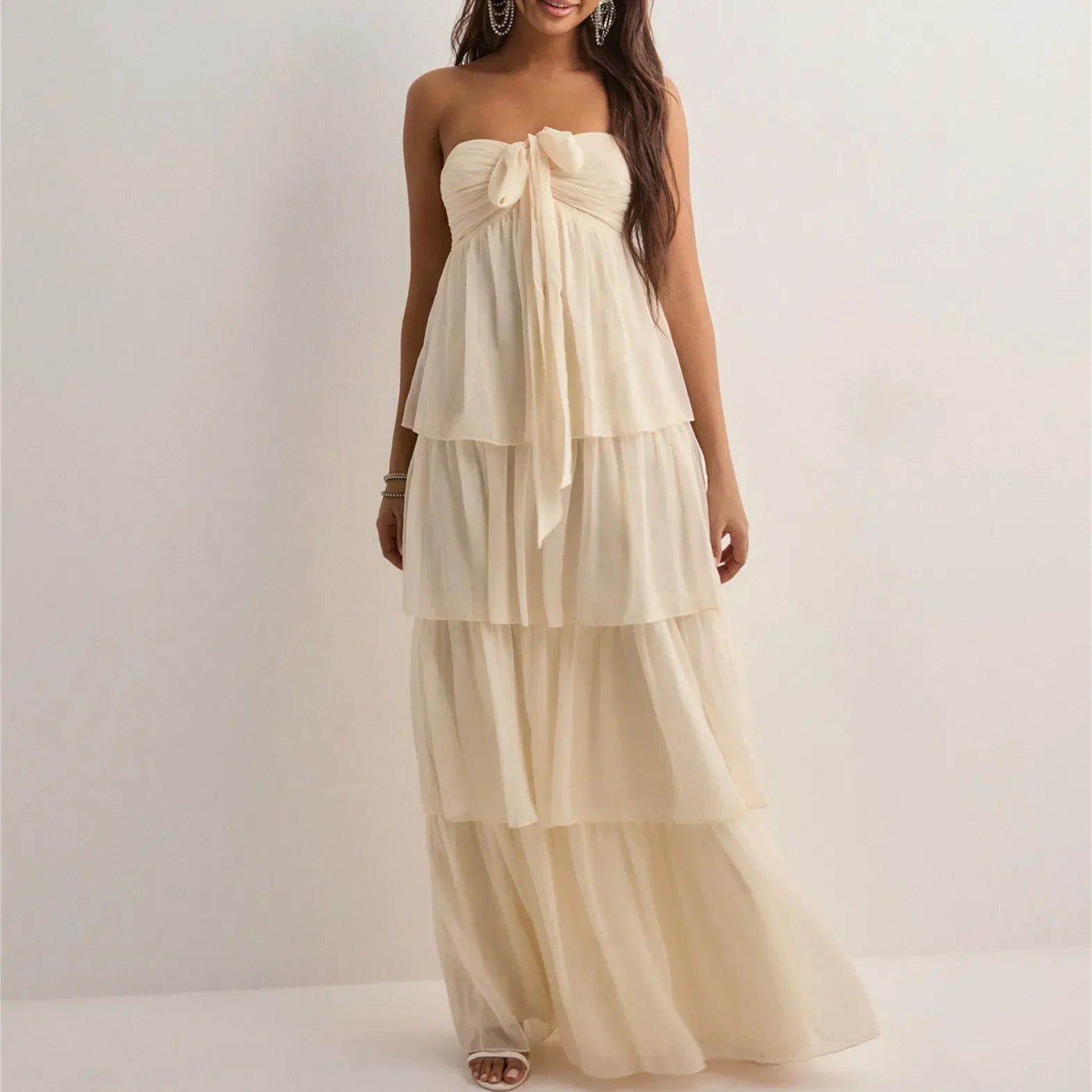 Women's Strapless Maxi Dress with Tiered Skirt and Bow Detail - 4
