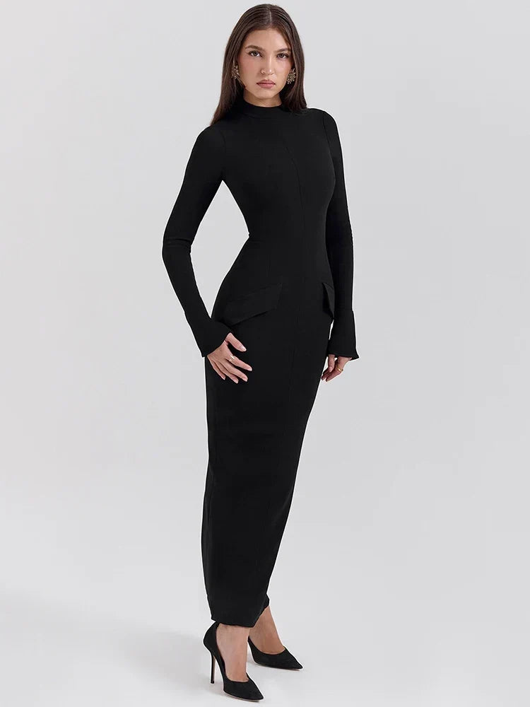Women's Long Sleeve Bodycon Maxi Dress with O-Neck and Side Pockets - 4