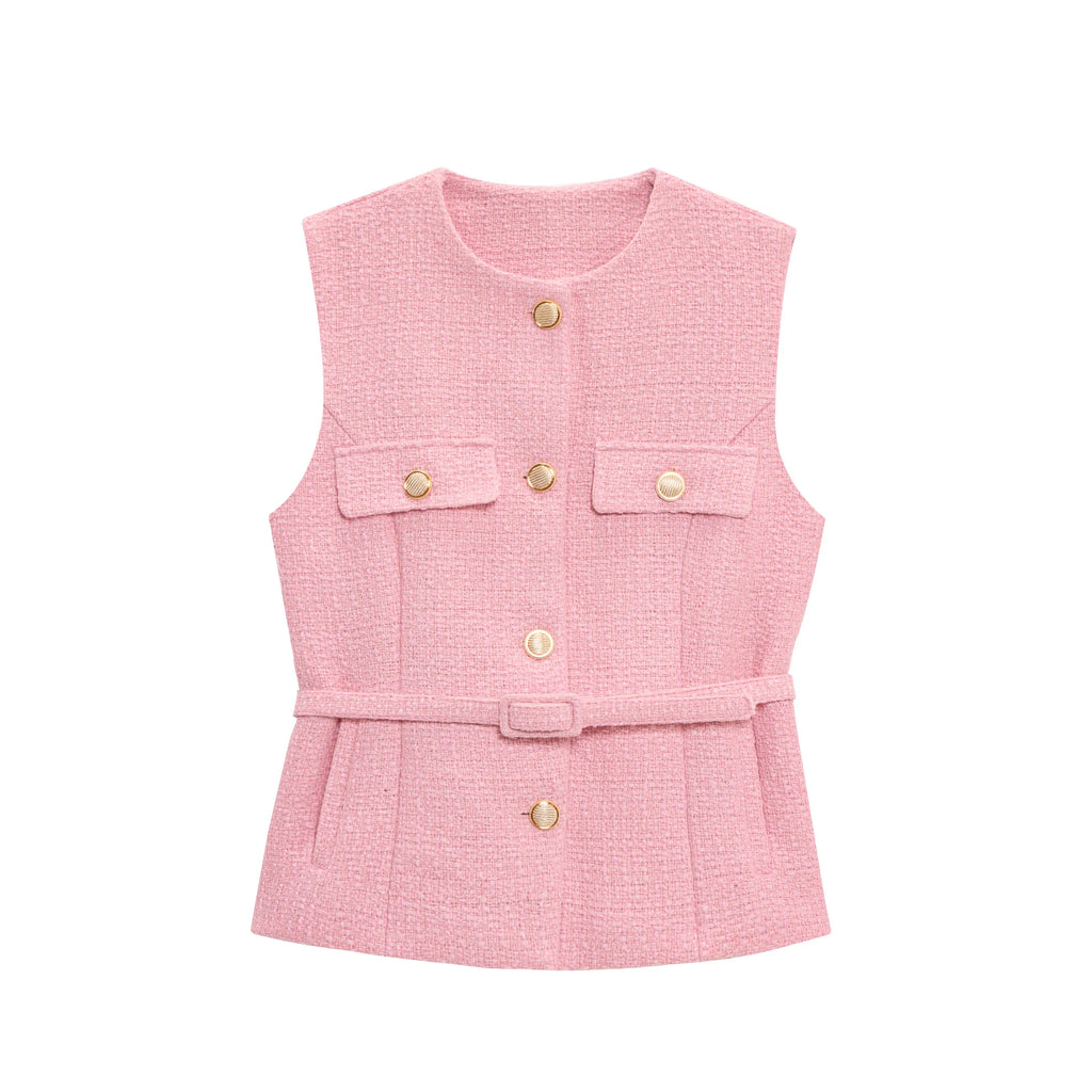Women's Sleeveless Belted Blazer Vest with Round Neck and Front Buttons - Pink