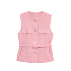 Women's Sleeveless Belted Blazer Vest with Round Neck and Front Buttons - Pink