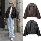 Women's Faux Leather Bomber Jacket with Belted Waist and Point Collar - 8