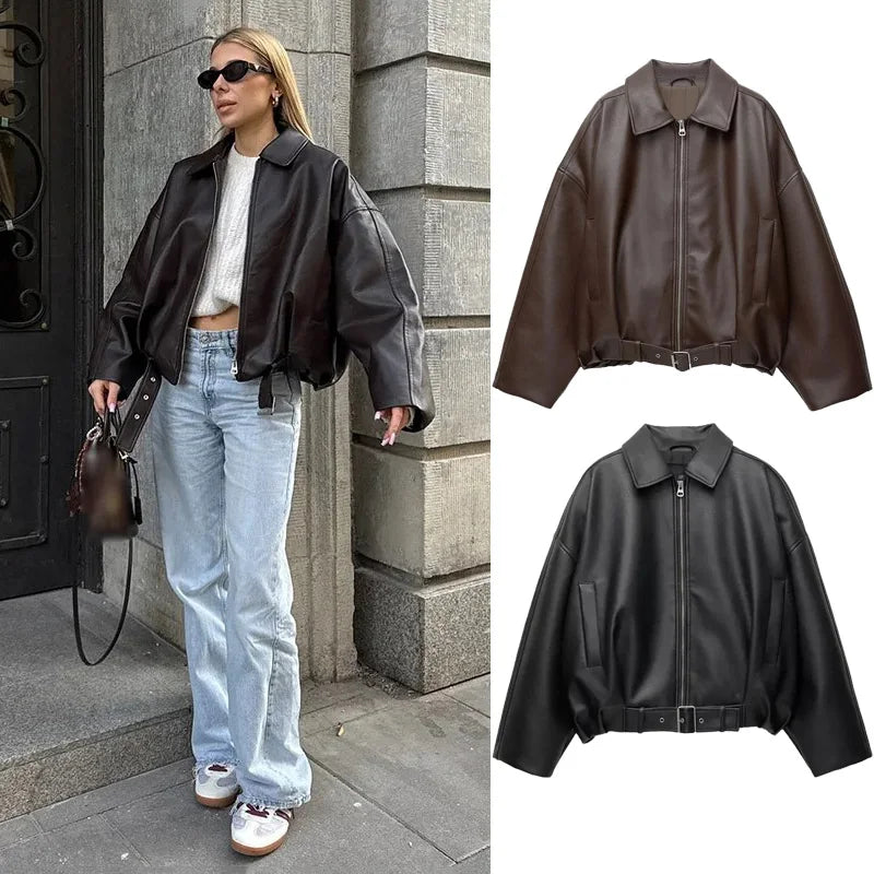 Women's Faux Leather Bomber Jacket with Belted Waist and Point Collar - 8