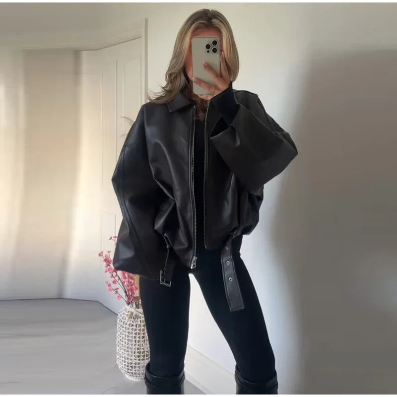 Women's Faux Leather Bomber Jacket with Belted Waist and Point Collar - 6