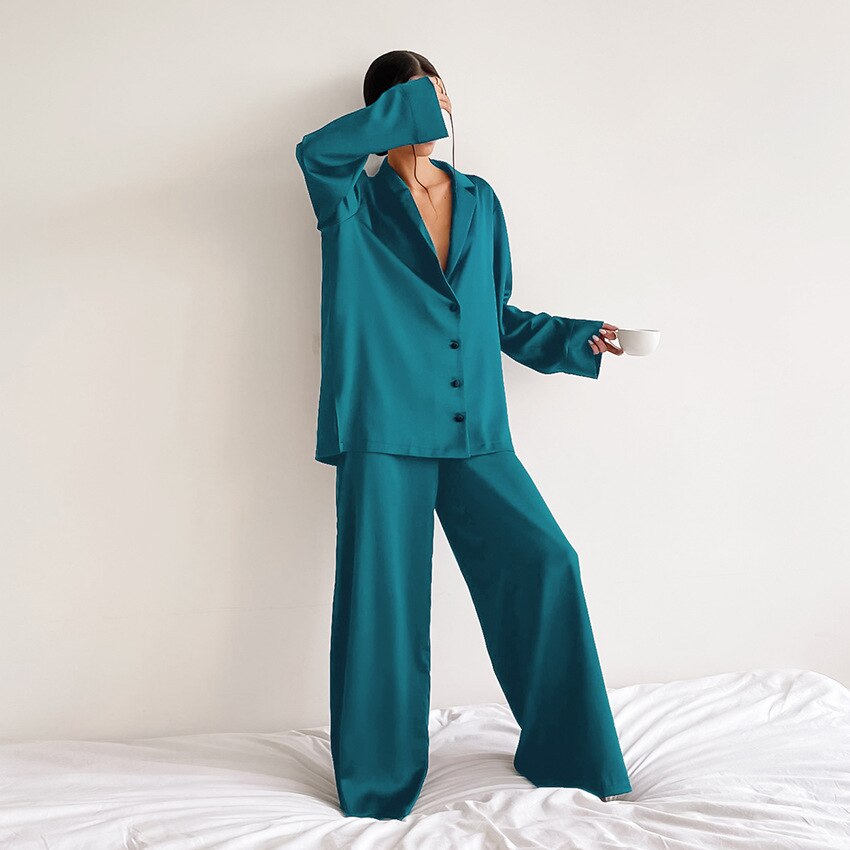 Satin Pyjama Set with Revere Collar and Wide Leg Trousers - Blue