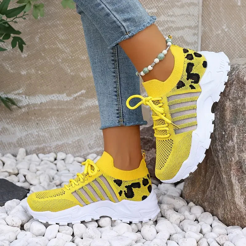 Women's Sneakers with Animal Print Panel and Lace-Up Front - 7