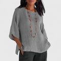 Women's Blouse Loose Fit with Round Neck and Three-Quarter Sleeves - Grey