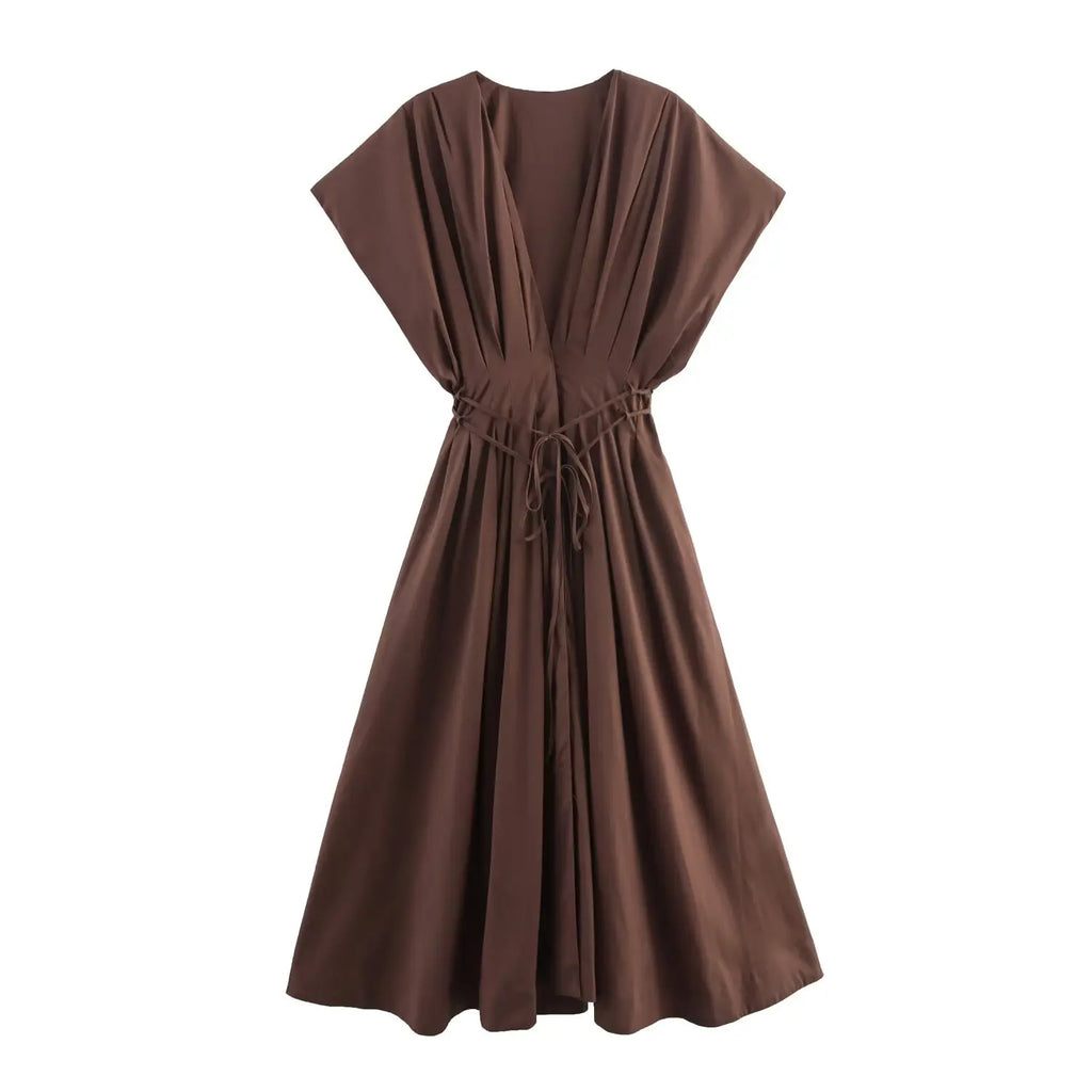 Women's Midi Dress with V-Neck and Tie Waist - Brown