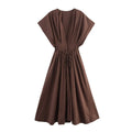 Women's Midi Dress with V-Neck and Tie Waist - Brown