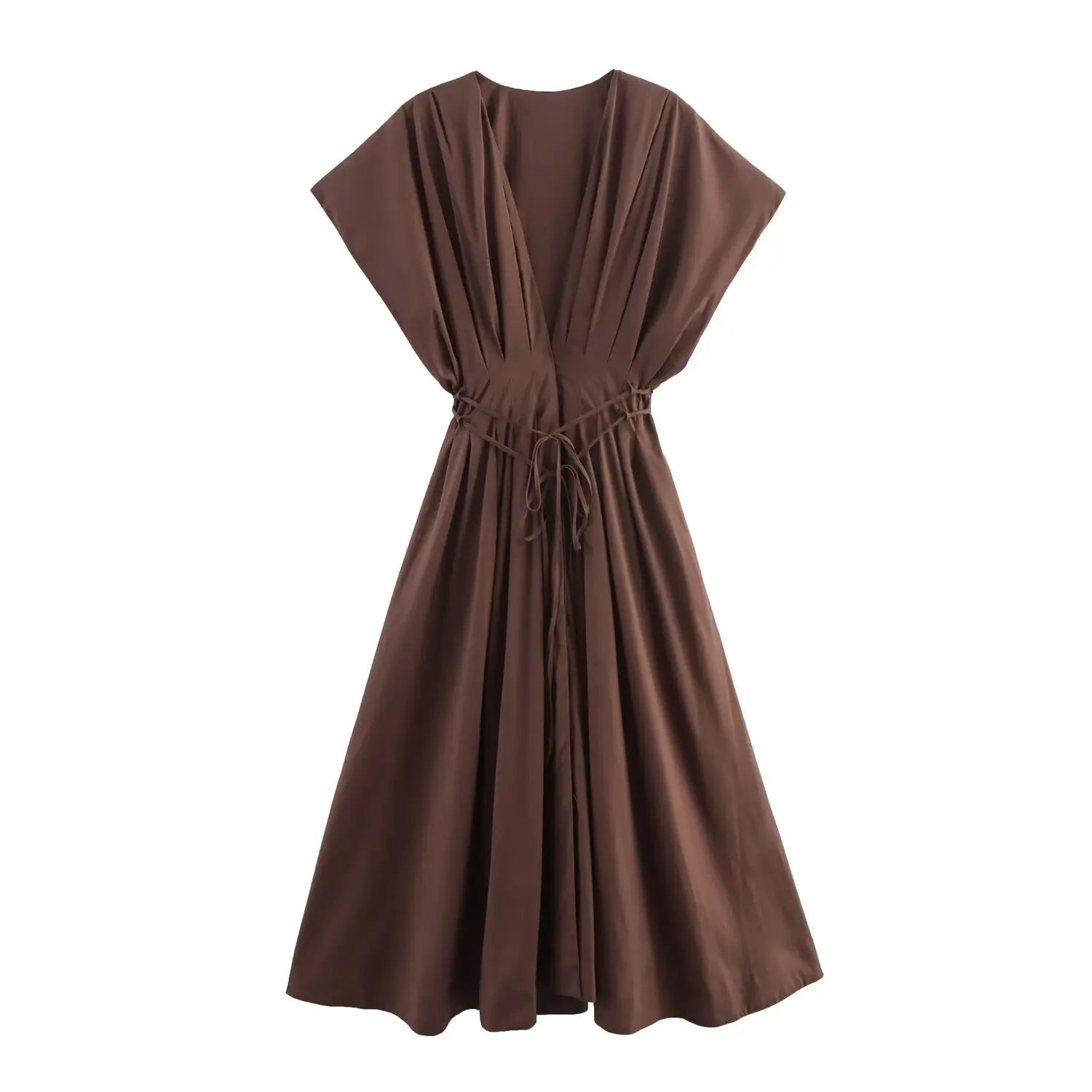 Women's Midi Dress with V-Neck and Tie Waist - Brown