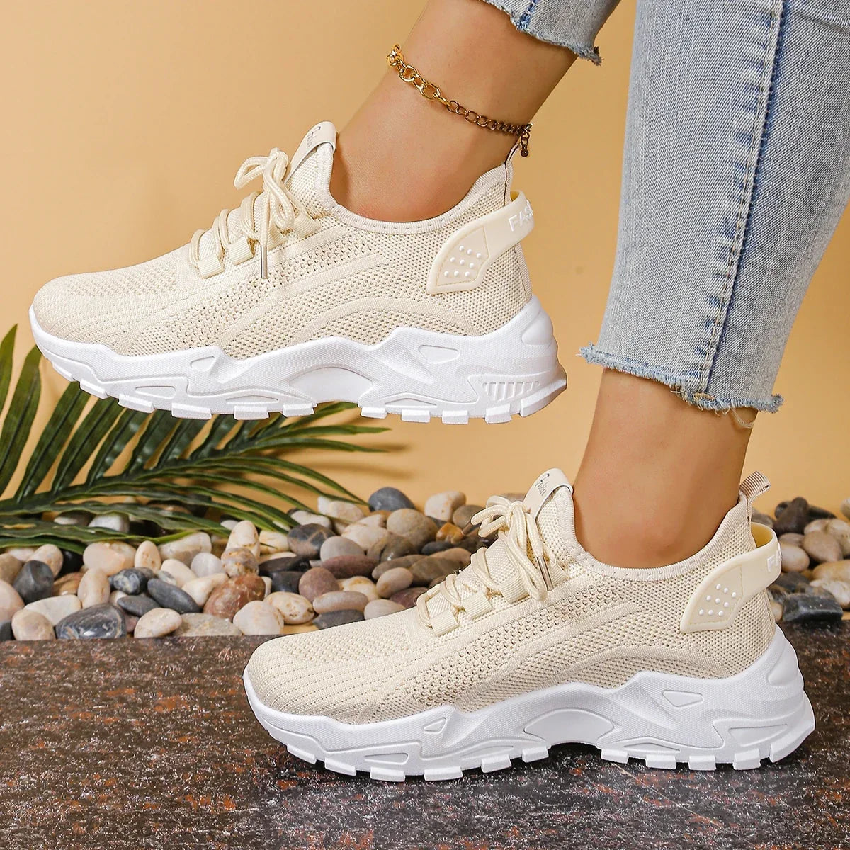 Women's Sneakers with Mesh Upper and Chunky Sole - Beige