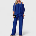 Women's Two-Piece Trouser Set with Asymmetric Overlay Top - Sapphire Blue