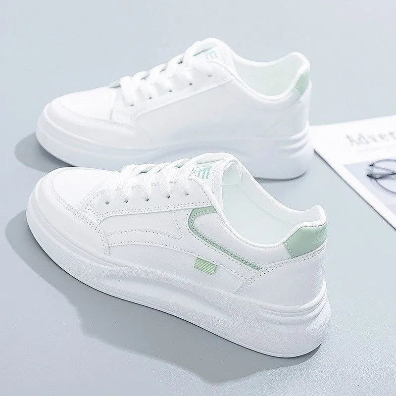 Women's Lace-Up Sneakers with Chunky Sole and Contrast Panel - White Green