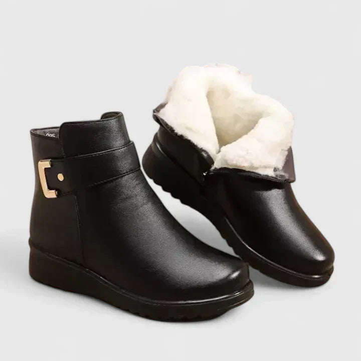 Women's Ankle Boots with Buckle Detail and Faux Fur Trim - 4