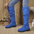 Women's Knee High Boots with Slouchy Fit and Buckle Detail - Blue