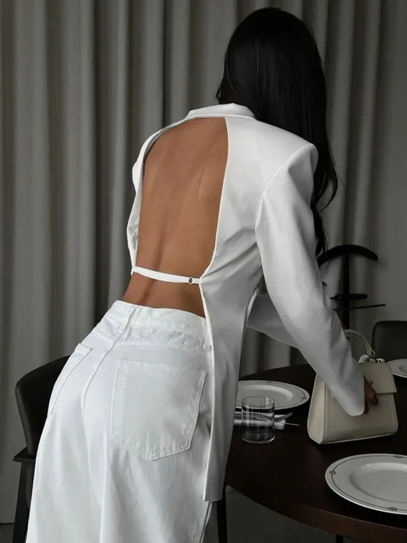 Women's Blazer Coat Backless Wrap Front with Long Sleeves - 6