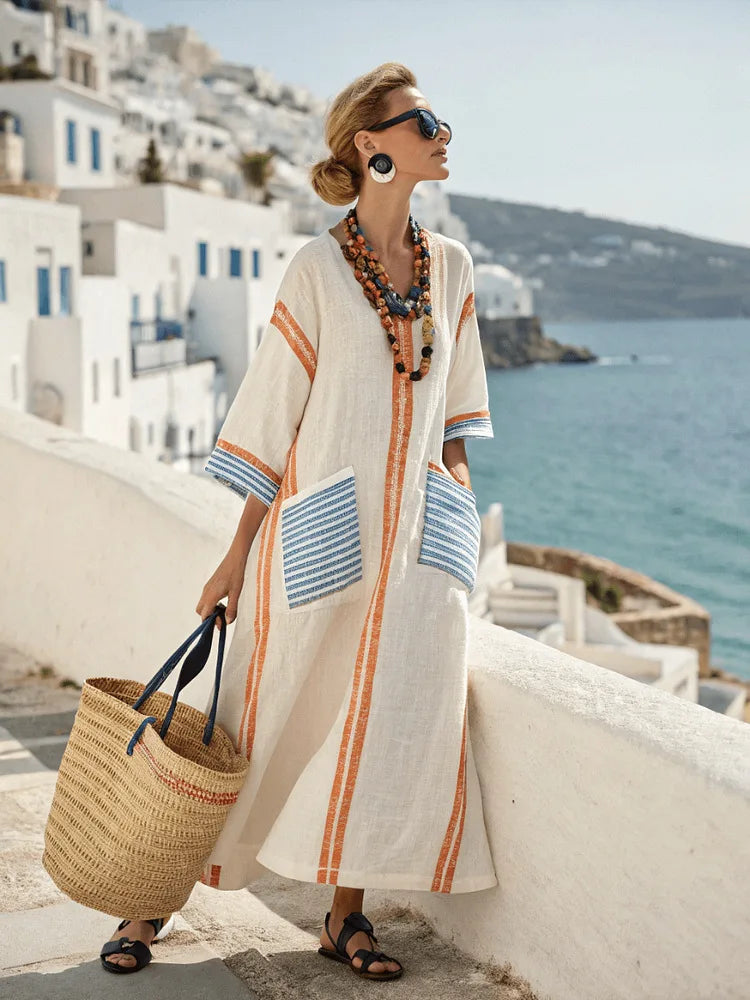 Women's Kaftan Maxi Dress with V-Neck and Striped Trim - 7