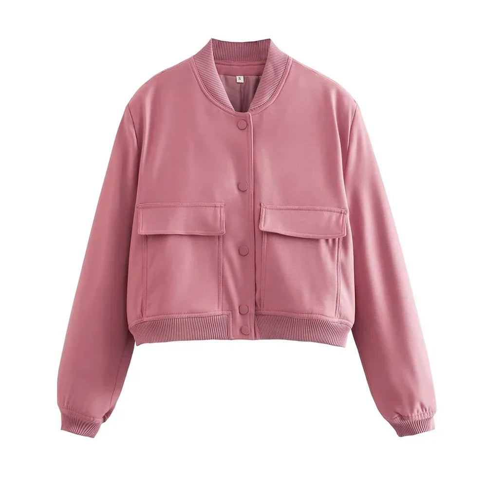 Women's Bomber Jacket with Patch Pockets and Ribbed Trim - Pink