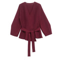 Women's Knit Blazer with Shoulder Pads and Belted Waist - Red