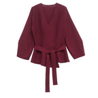Women's Knit Blazer with Shoulder Pads and Belted Waist - Red