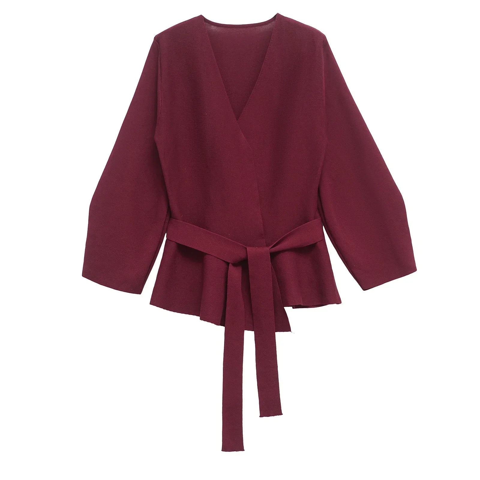 Women's Knit Blazer with Shoulder Pads and Belted Waist - Red