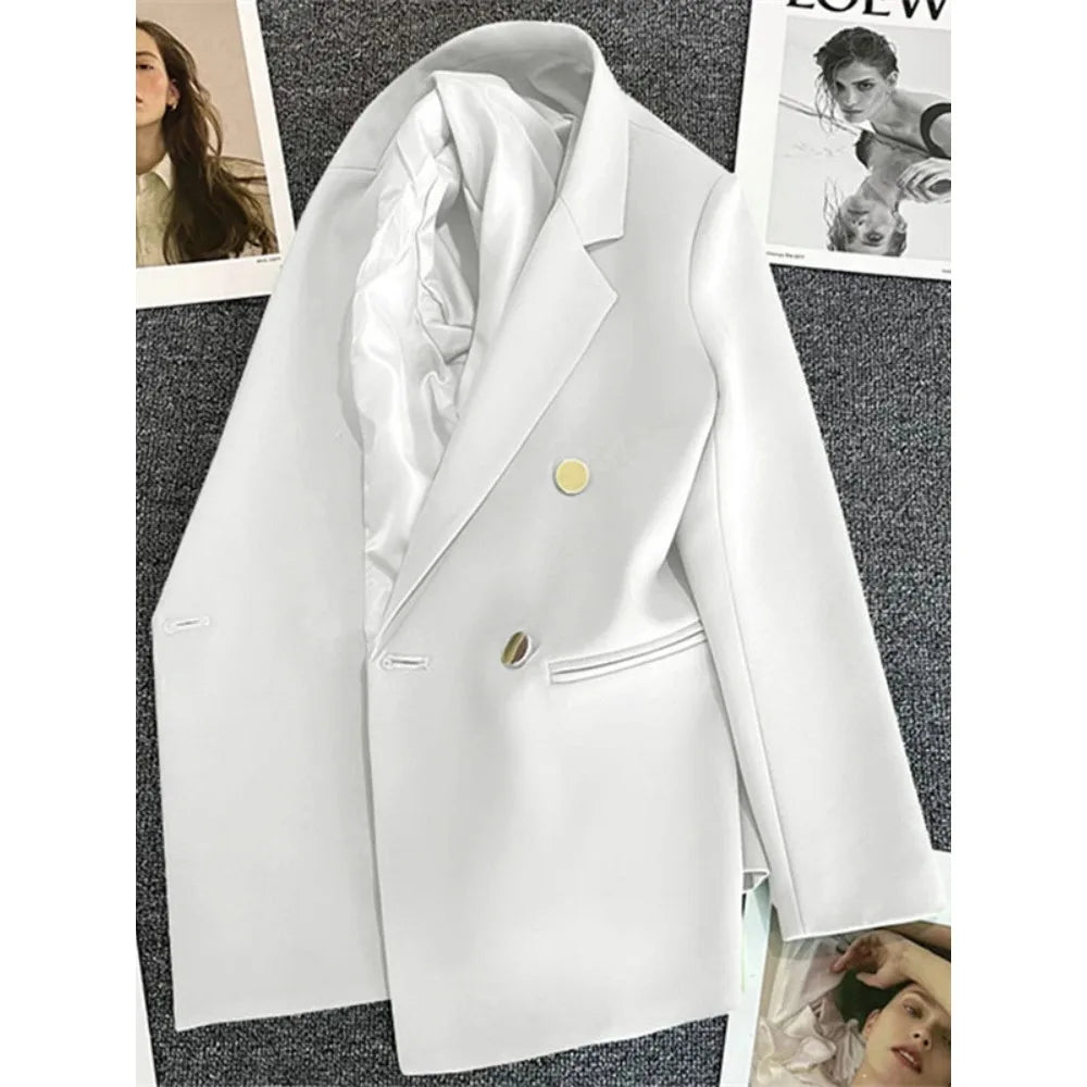 Women's Blazer Double-Breasted with Notched Lapel and Structured Fit - White