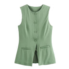 Women's Tailored Waistcoat Sleeveless with Button Front and Welt Pockets - Green