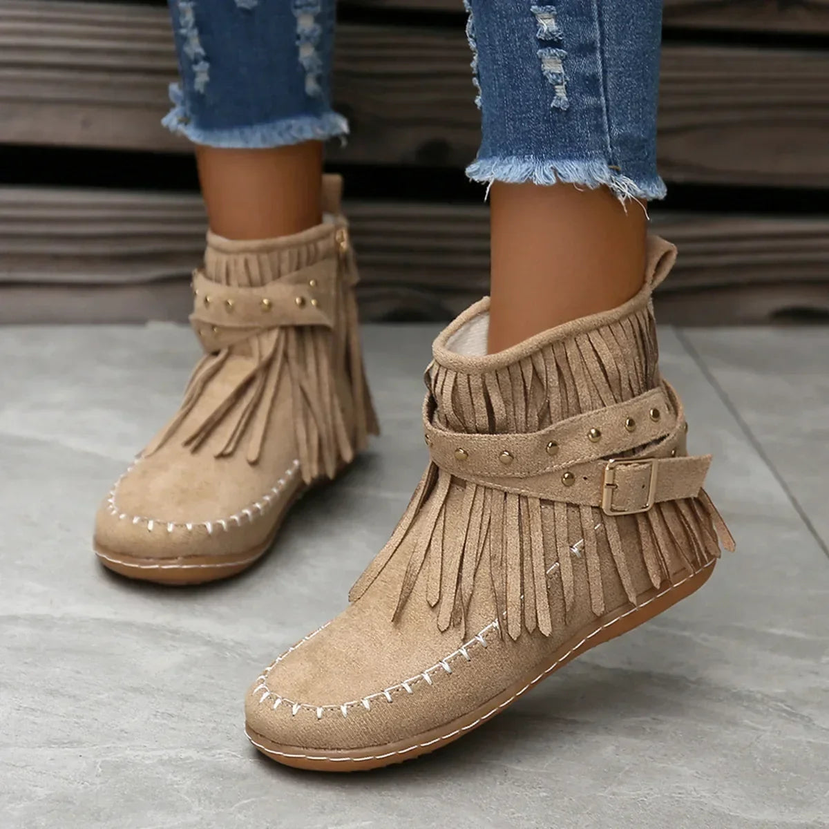 Women's Ankle Boots with Fringe and Studs, Western Boho Style - Taupe