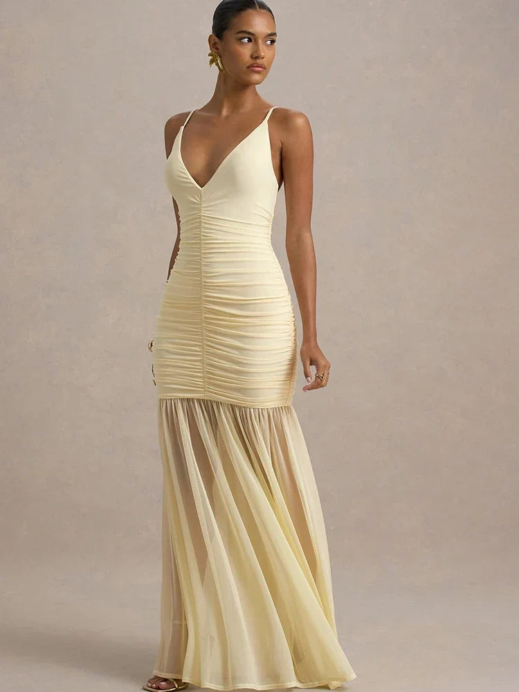 Women's Maxi Dress Sleeveless with V-Neck and Ruched Bodice - 3