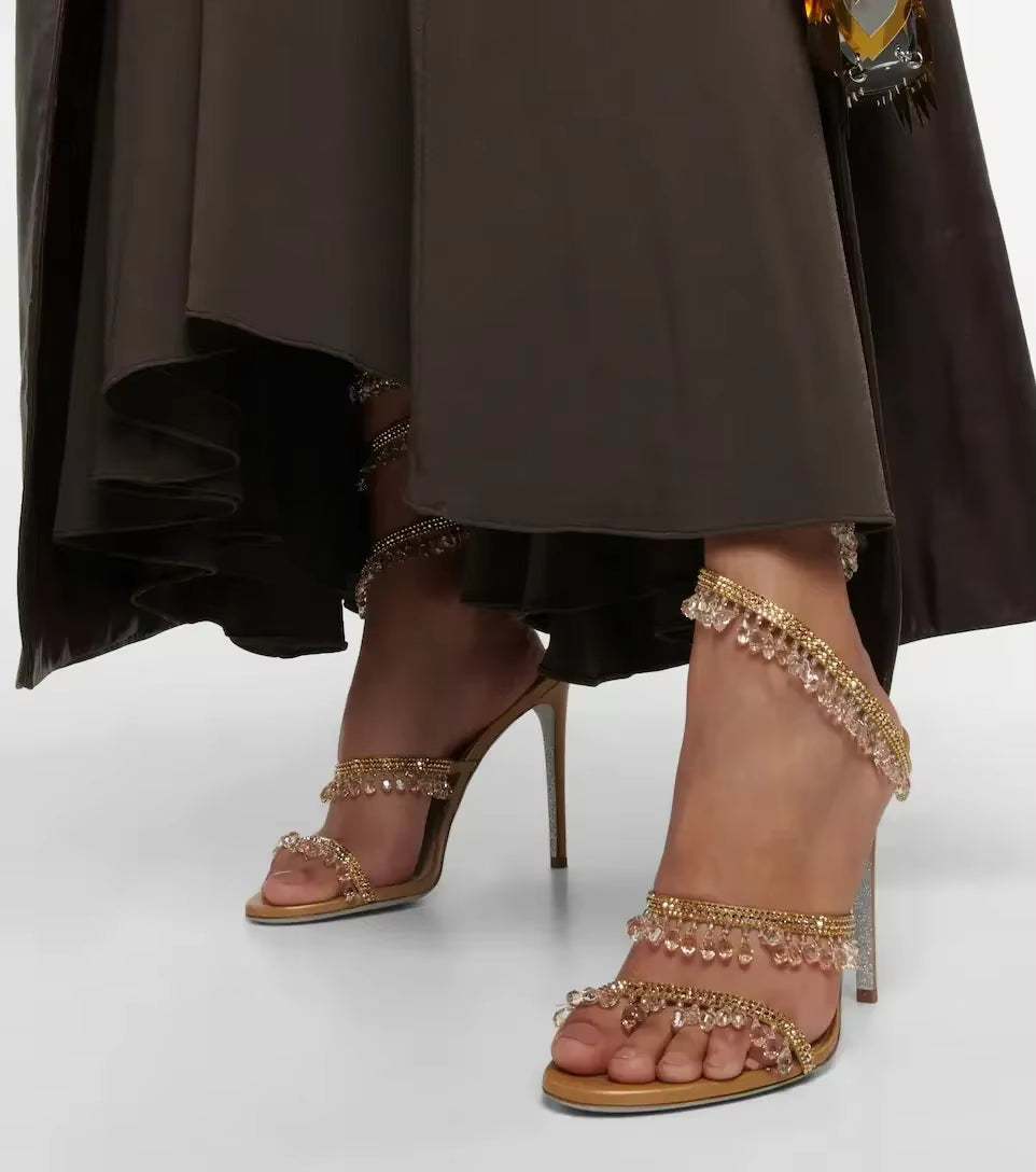 Women's Heeled Sandals with Wraparound Ankle Strap and Diamante Detail - 6