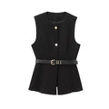 Women's Waistcoat Sleeveless with Gold Buttons and Belted Waist - Black
