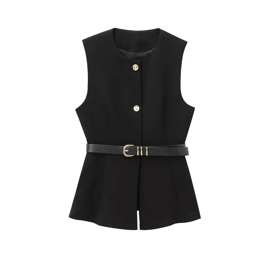 Women's Waistcoat Sleeveless with Gold Buttons and Belted Waist - Black