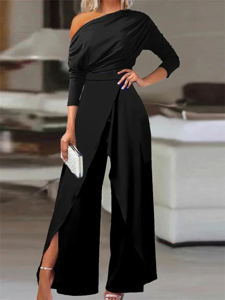 Women's Wide-Leg Jumpsuit with Cold-Shoulder Neckline and Draped Front - Black