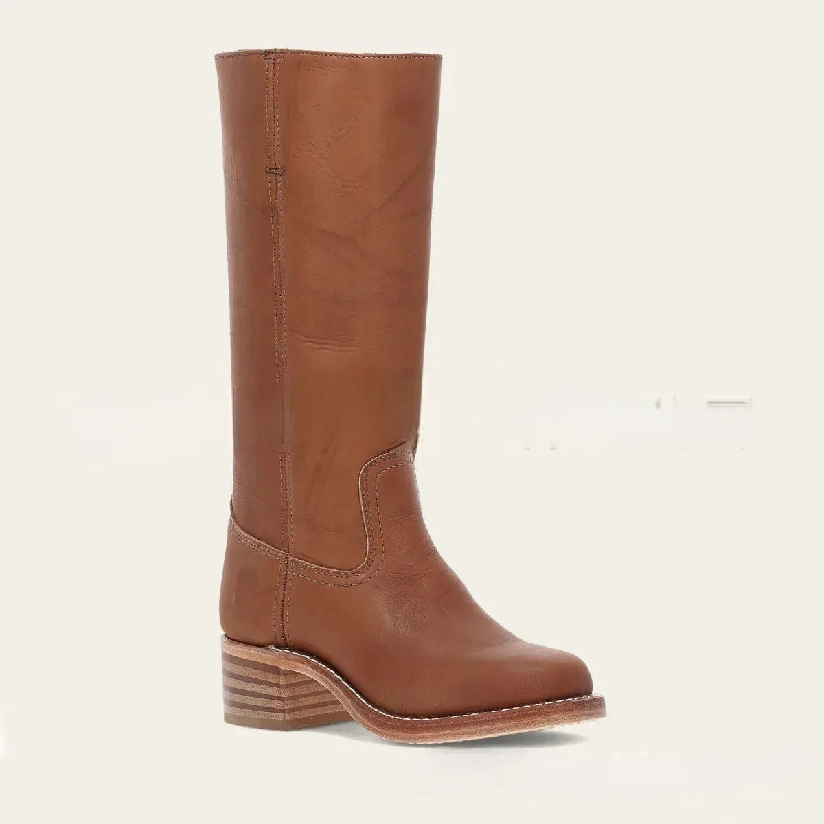 Women's Western Boots with High Shaft and Stacked Heel - Cognac