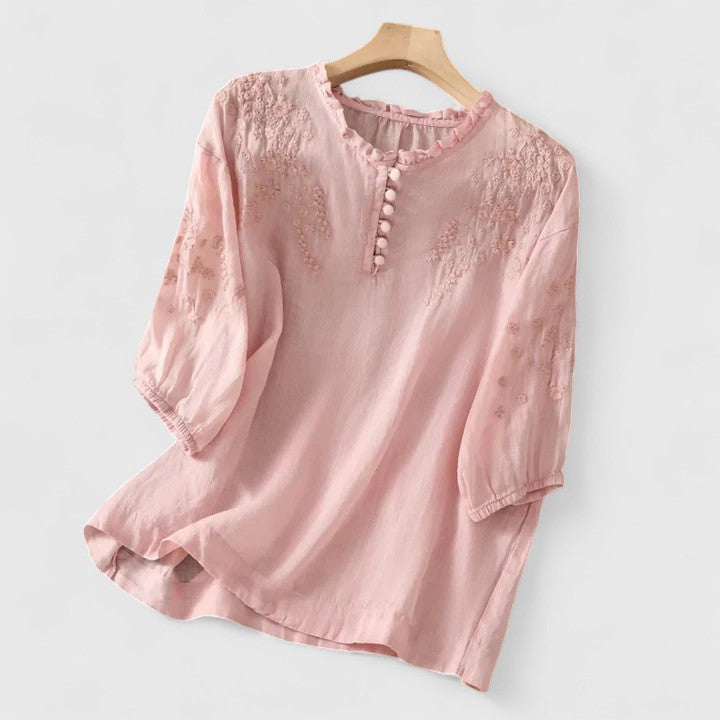 Women's Embroidered Button-Front Blouse with Ruffled Neckline - Pink