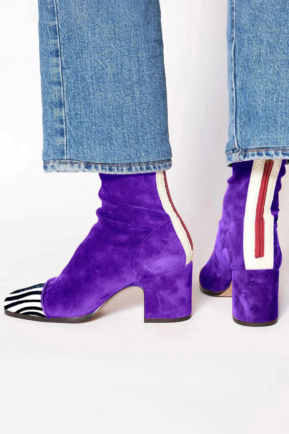 Women's Ankle Boots with Block Heel and Contrast Panel - Purple