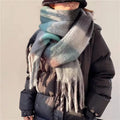 Women's Oversized Checked Scarf with Fringed Edges - White