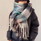 Women's Oversized Checked Scarf with Fringed Edges - White