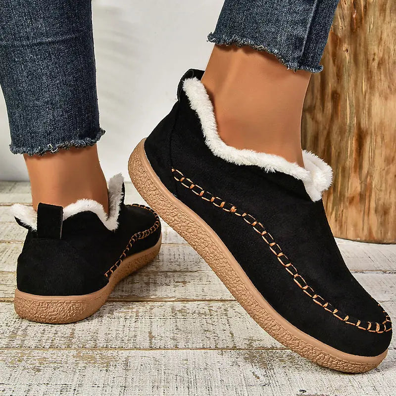 Women's Ankle Boots with Fleece-Lined Cuff and Contrast Stitching - Black
