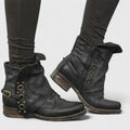 Women's Slouch Boots with Buckle Strap and Side Zip - Black