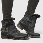 Women's Slouch Boots with Buckle Strap and Side Zip - Black