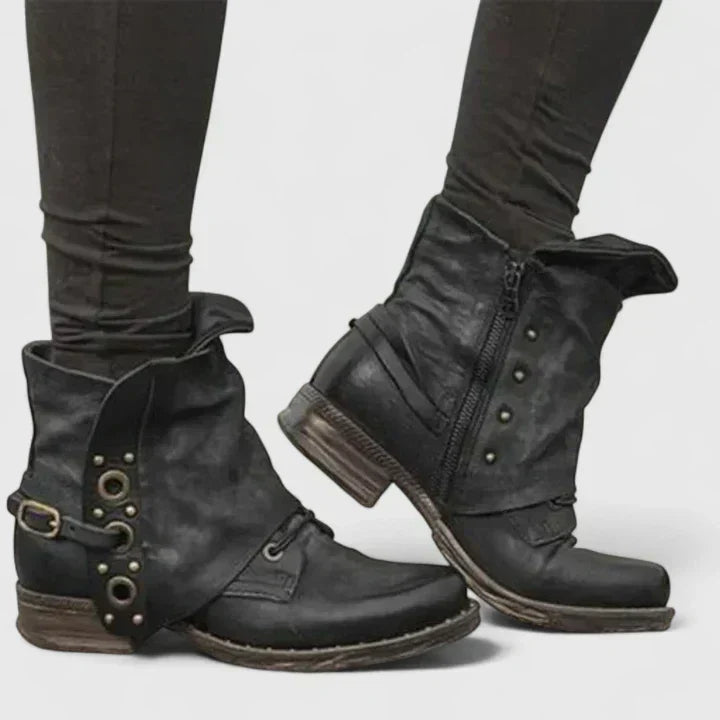 Women's Slouch Boots with Buckle Strap and Side Zip - Black