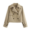 Women's Cropped Trench Coat with Double-Breasted Buttons and Belted Cuffs - Khaki