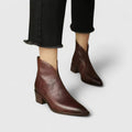 Women's Ankle Boots Pointed Toe with Block Heel and Side Zip - Dark Brown
